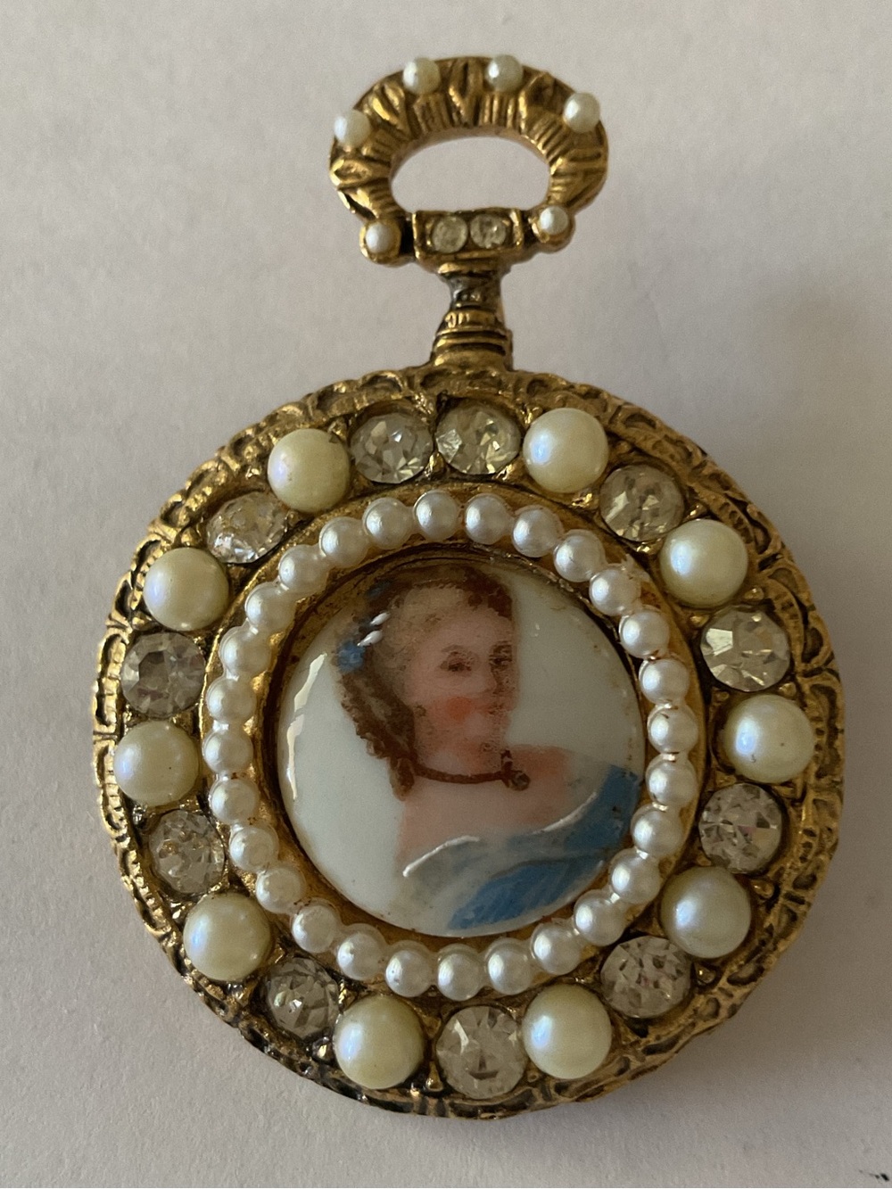 Gold-Tone Portrait Brooch with Pearl and Crystal Accents - Blue & White by B.S.K